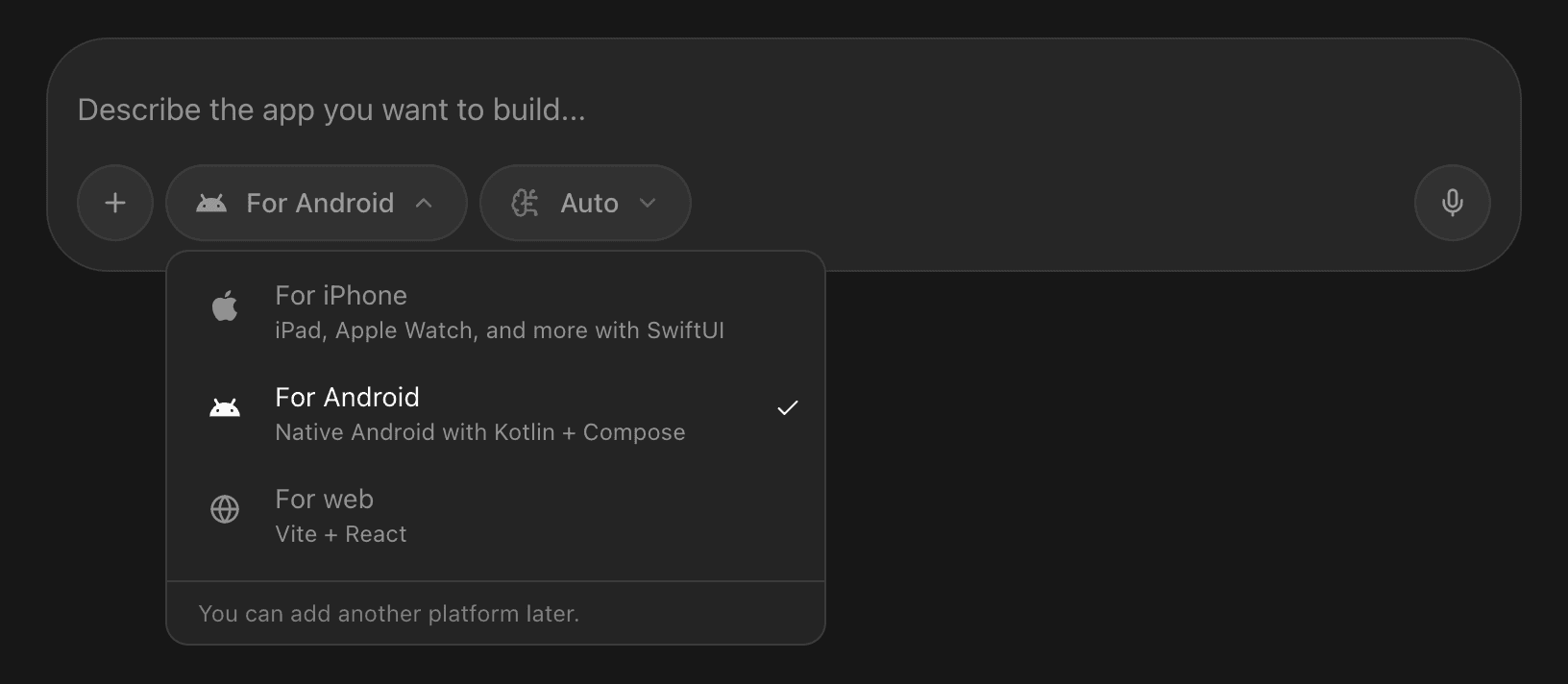 The Rork composer with the platform menu open on For Android, native Android with Kotlin and Compose