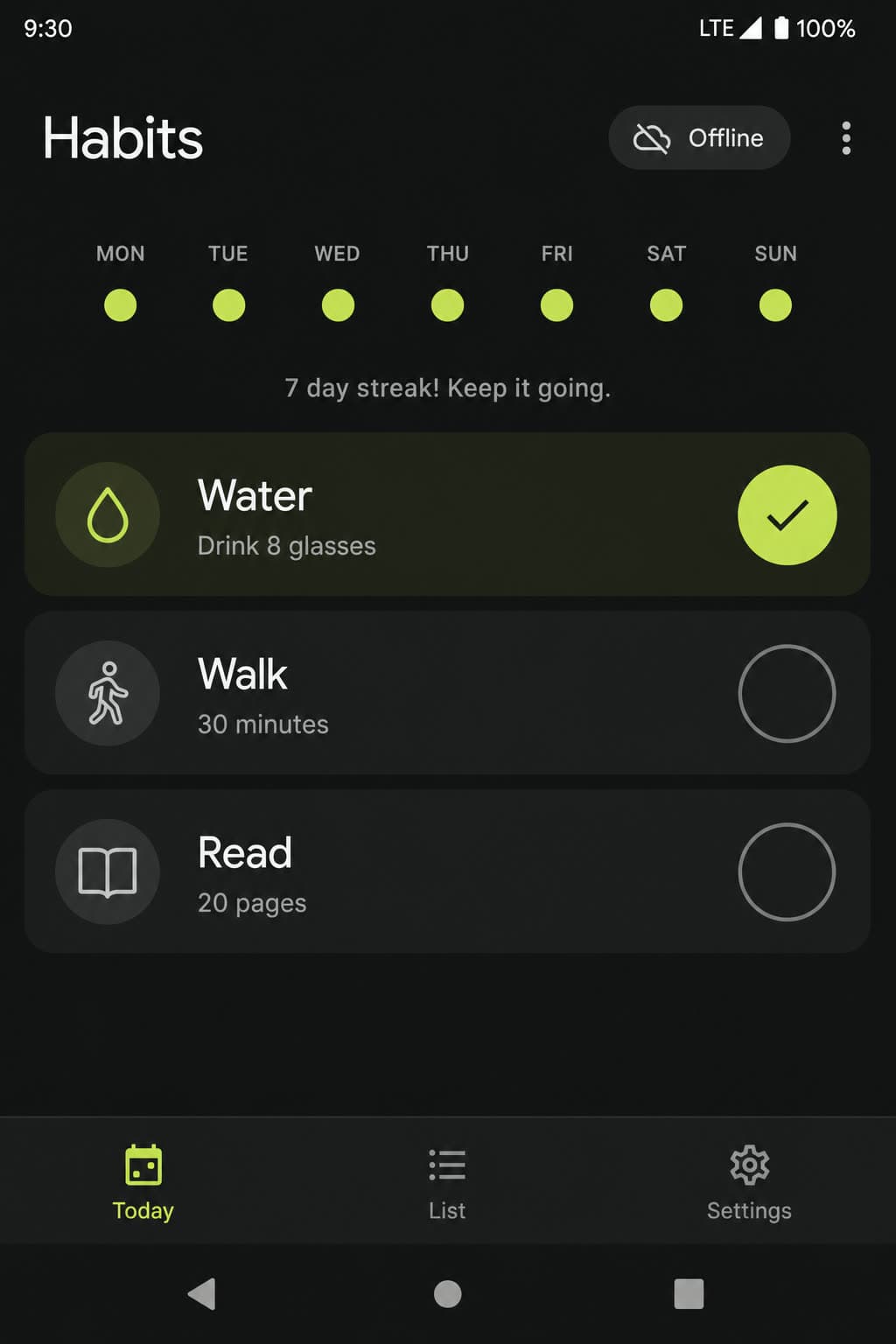 Android habit tracker in dark mode with Water, Walk, and Read