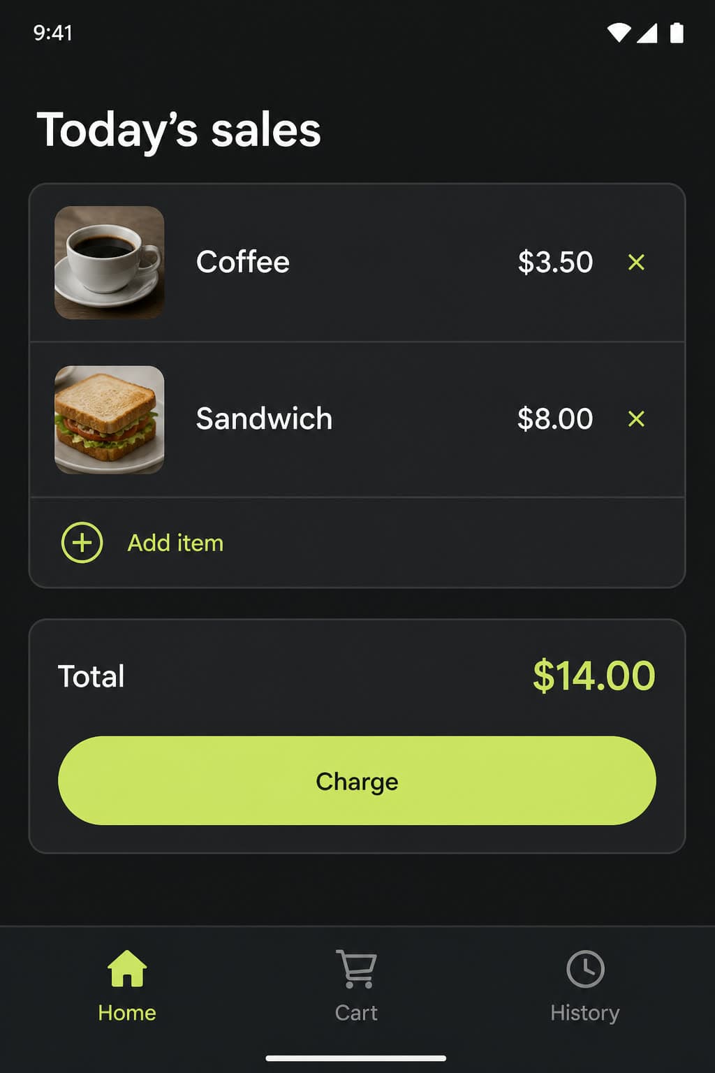 Android point of sale screen with a product list and a Charge button