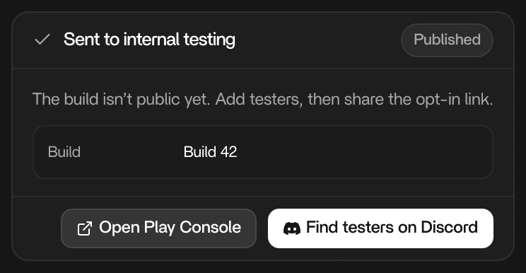 Rork chat card: sent to internal testing, build 42, with Open Play Console and Find testers on Discord