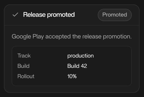 Rork chat card: release promoted to the production track at a 10% rollout