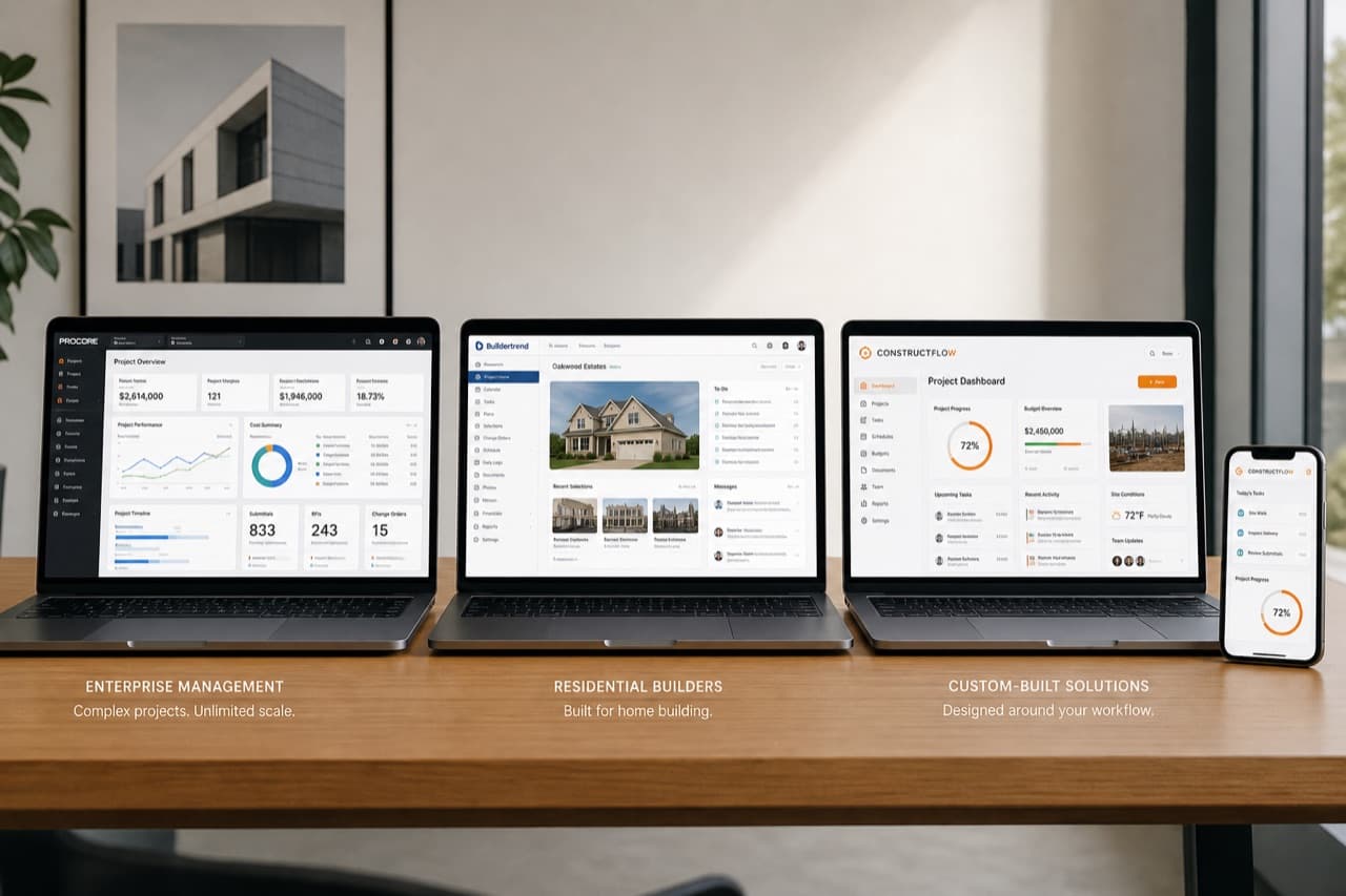 Procore vs Buildertrend vs custom: what a $20M construction company should pick in 2026
