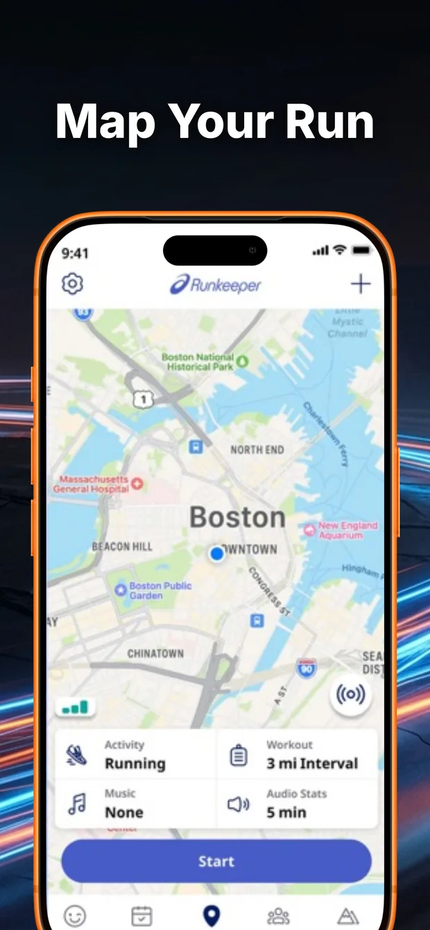 The same running app screenshot rebuilt by Screenshot Studio: the headline “Map Your Run”, custom background art, and an iPhone frame