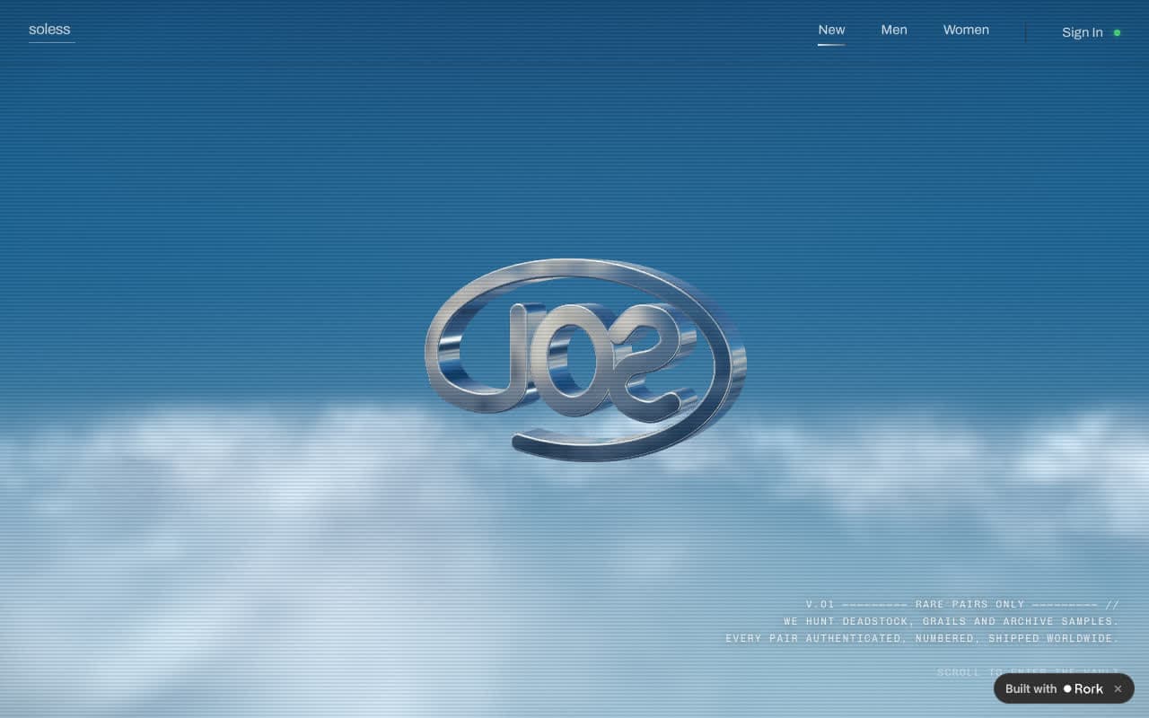 soless store homepage with a chrome logo floating over clouds