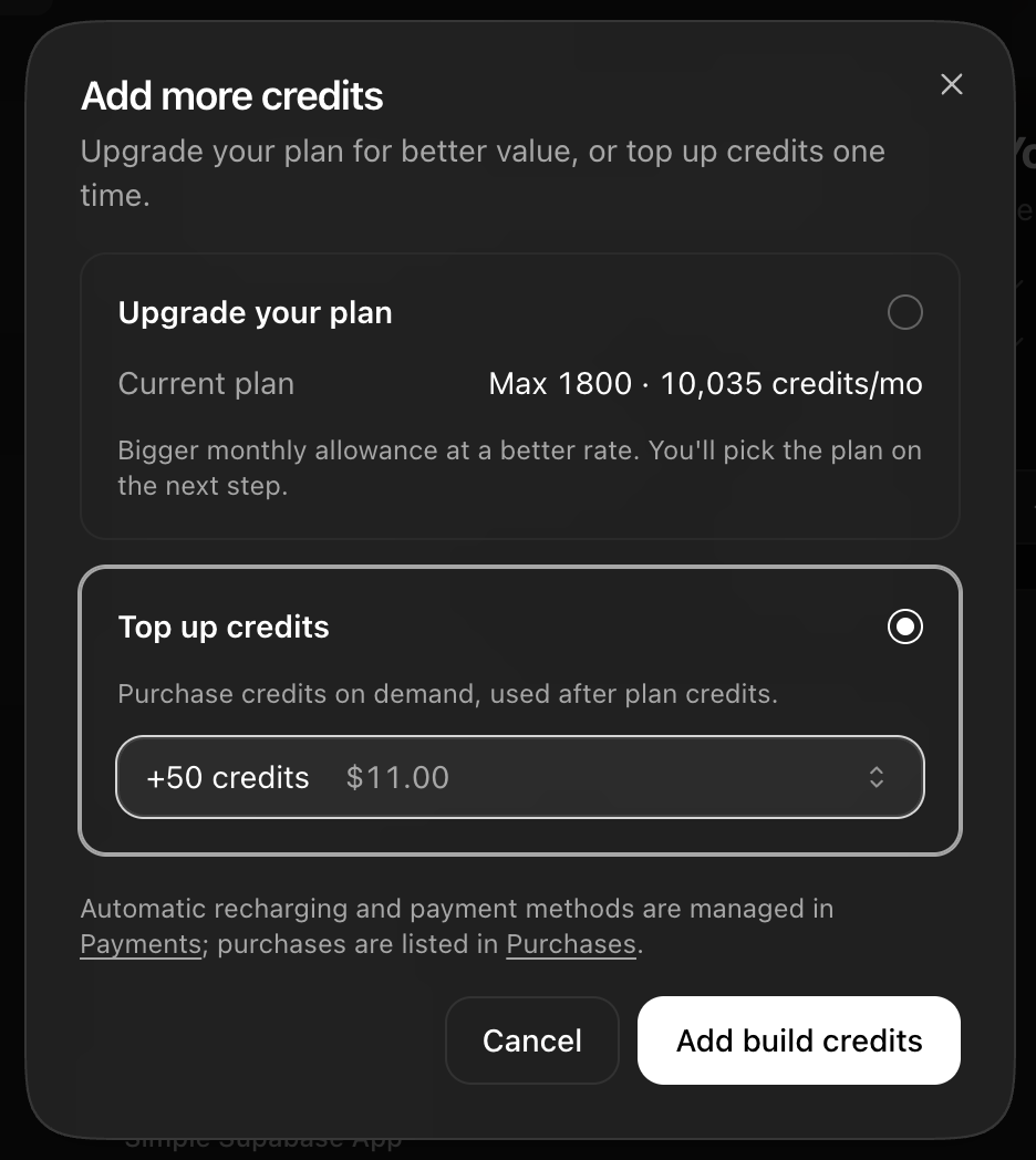 The Add more credits dialog — upgrade your plan or top up one time