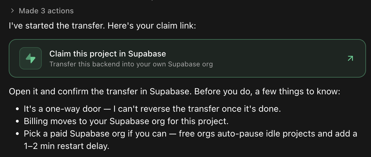 Claim and transfer a Rork-managed backend into your own Supabase org