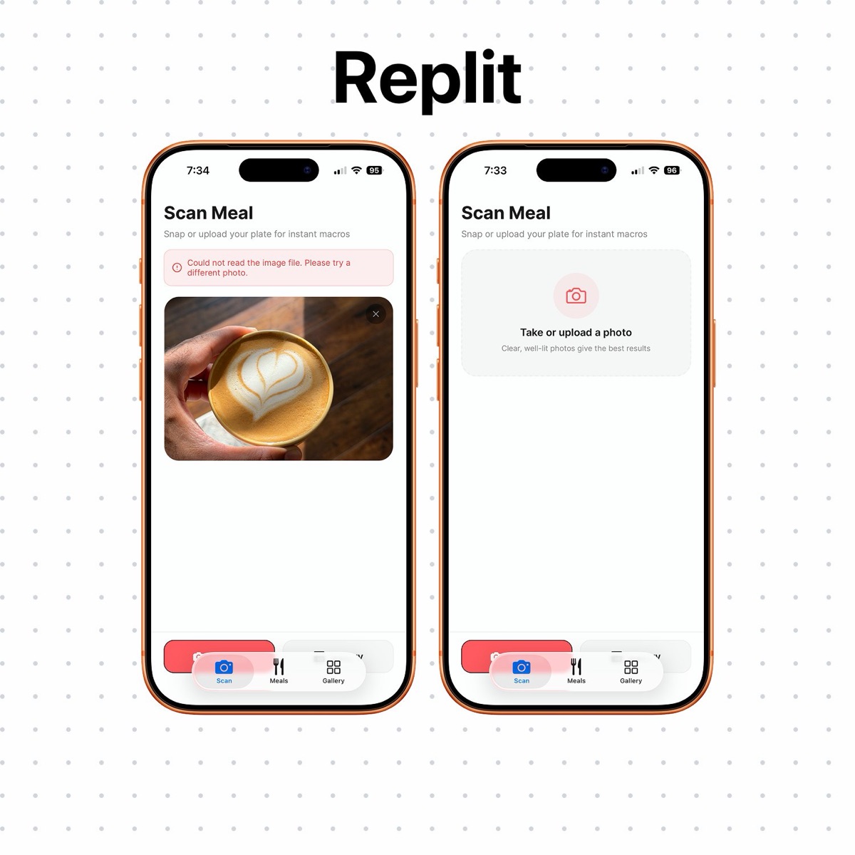 Replit meal scanner app — Scan Meal screen with image read error and empty state