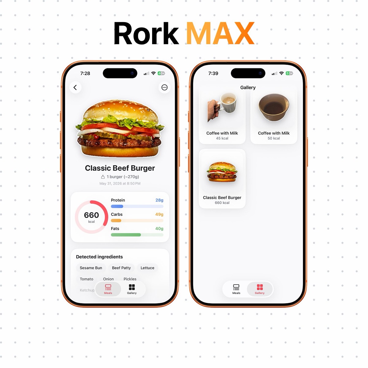 Rork Max meal scanner app — meal detail view with macros breakdown and gallery view