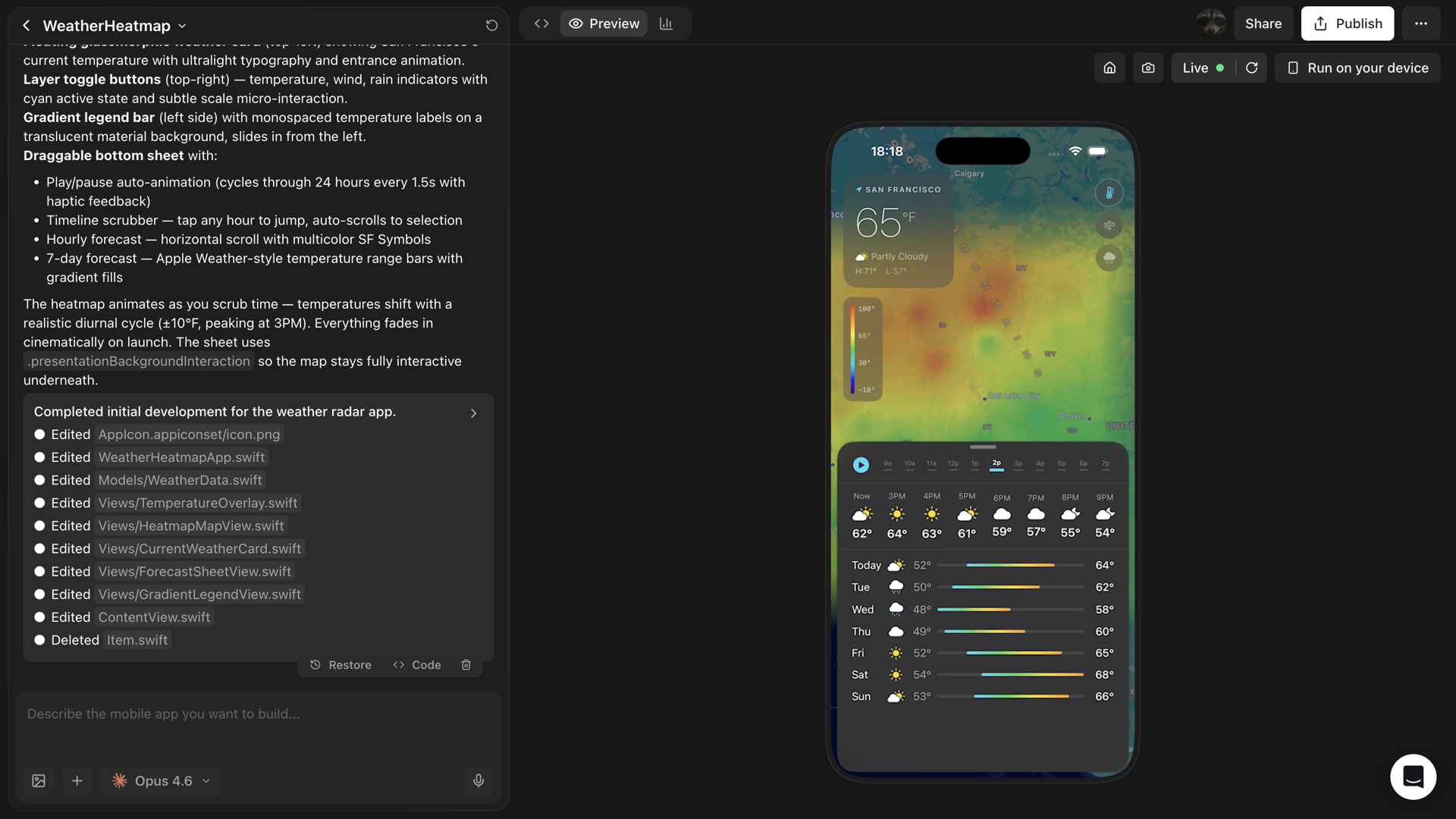 Rork Max in action — conversational chat on the left, a live iPhone preview on the right