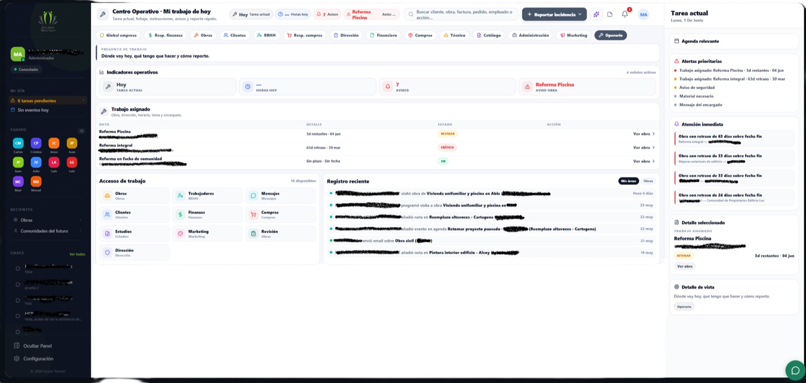 The web ERP Miguel's office runs on — the daily operations dashboard, built in Rork